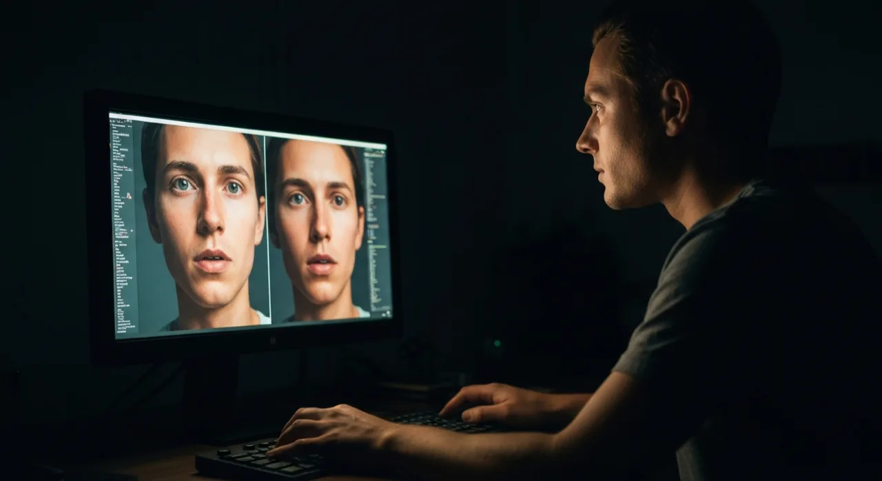 Un créateur compare deux versions d'une image générée sur un écran dans un studio sombre, lumière d'écran, ambiance cinématique