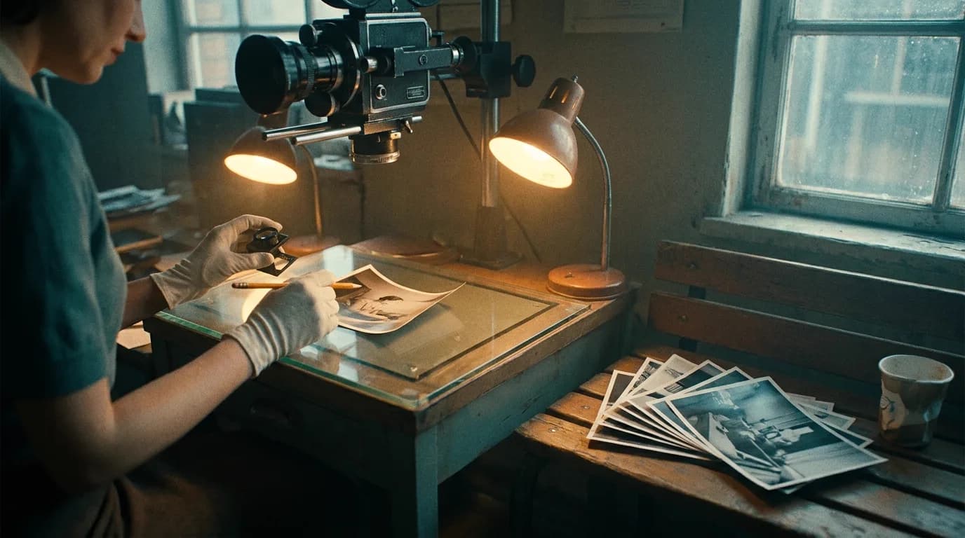 Banc-titre d'animation dans un petit atelier, une photographie posée sur la vitre sous deux lampes de bureau et une caméra suspendue, des mains gantées tenant un compte-fils et un crayon gras au-dessus du tirage