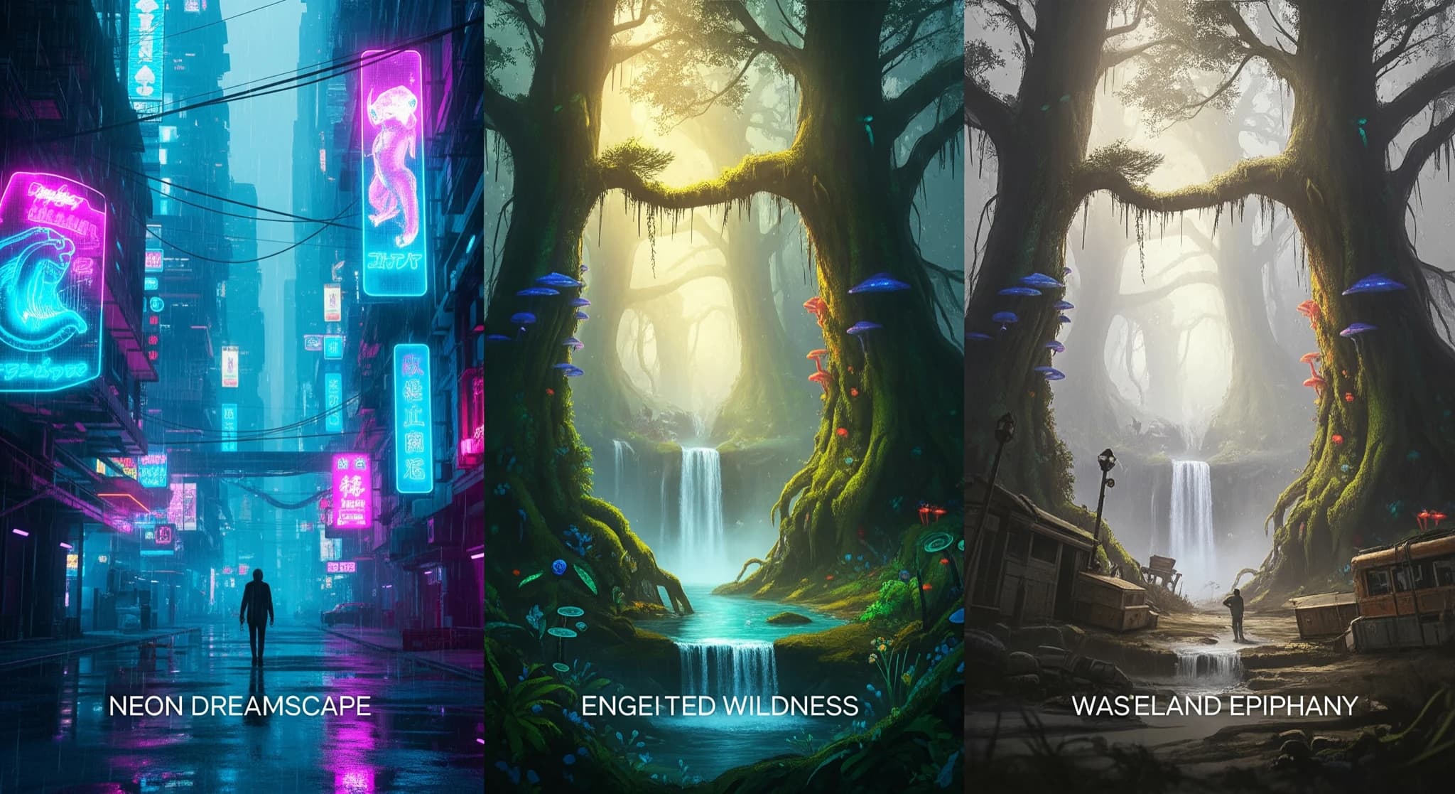 Midjourney vs Flux vs DALL·E, composition cinématique comparant trois styles d'images IA distincts côte à côte, éclairage de galerie