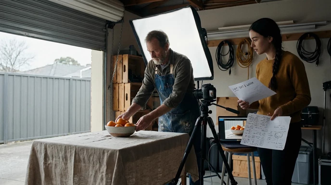 Dans un garage aménagé en studio photo, un photographe barbu place un bol d'oranges sous une boîte à lumière pendant qu'une jeune femme compare une note courte et une page de consignes très annotée