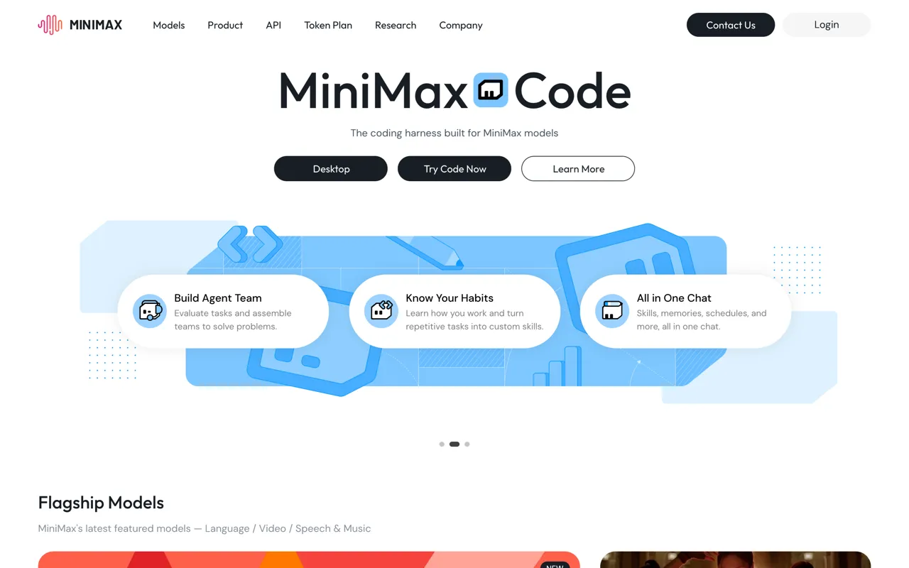 Site officiel de MiniMax mettant en avant ses modèles et son approche agentique avec Skills et Memory