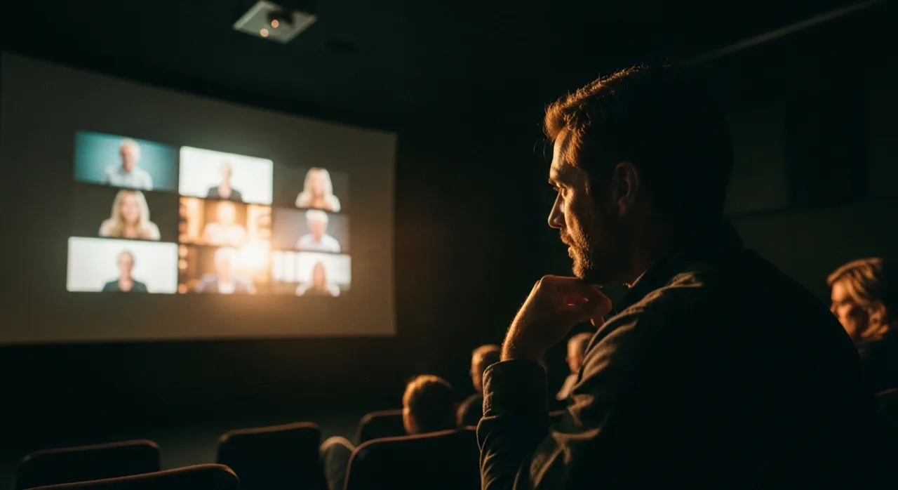 Un créateur valide des choix de plans sur un grand écran dans un studio sombre, ambiance festival de cinéma