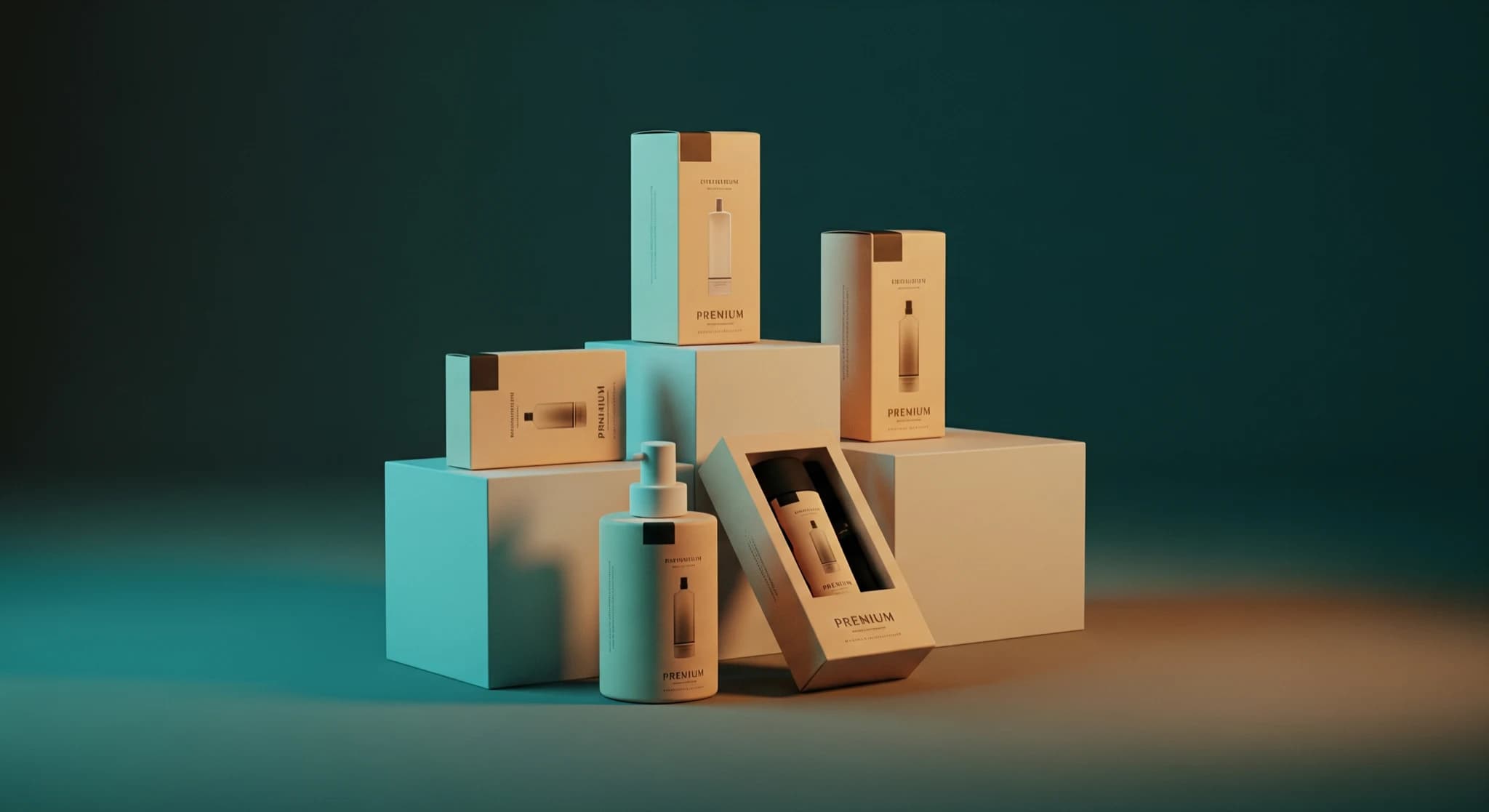Mockups produit avec l'IA, maquettes de packaging présentées avec élégance sur un set, lumière douce de studio, rendu premium