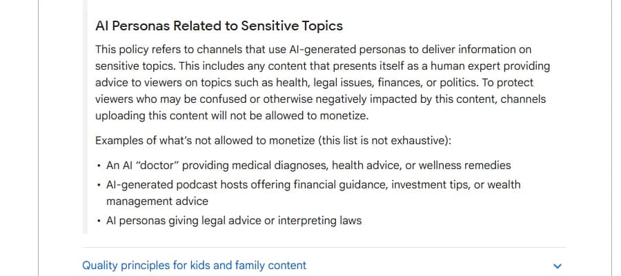 Rubrique AI Personas Related to Sensitive Topics de la politique de monétisation YouTube, avec trois exemples non monétisables : un médecin IA qui pose des diagnostics, des animateurs de podcast IA qui donnent des conseils financiers, des personas IA qui donnent des conseils juridiques