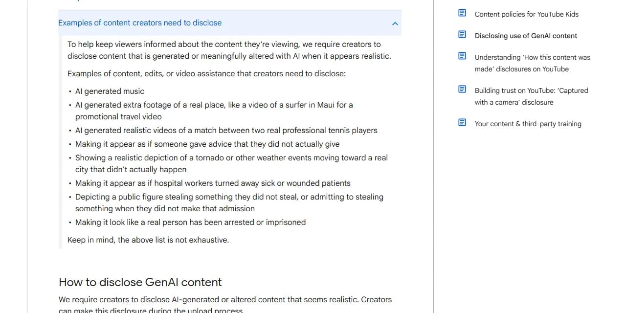 Page d'aide YouTube Disclosing use of GenAI content, liste dépliée des exemples à déclarer : musique générée par IA, images IA d'un lieu réel, faux match de tennis entre deux joueurs réels, personnalité publique accusée d'un vol qu'elle n'a pas commis, et en dessous la marche à suivre dans YouTube Studio