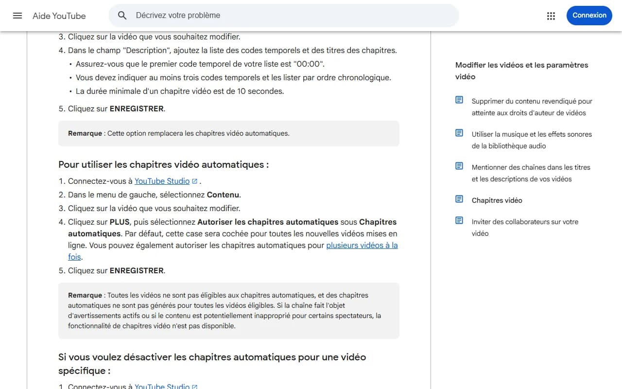 Page d'aide YouTube Chapitres vidéo en français, avec les règles des chapitres manuels (premier code à 00:00, au moins trois codes temporels, 10 secondes minimum) et la remarque indiquant que toutes les vidéos ne sont pas éligibles aux chapitres automatiques