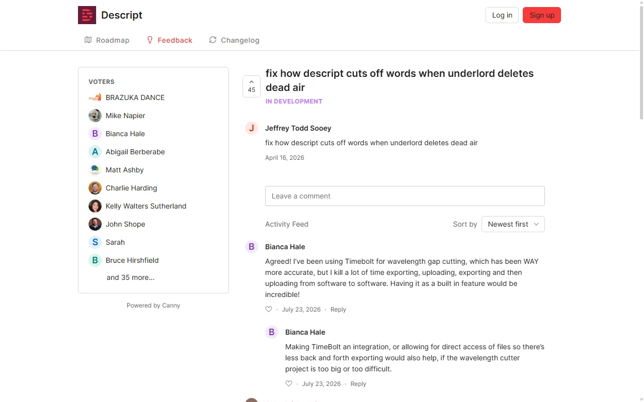Demande sur le forum de suggestions de Descript intitulée fix how descript cuts off words when underlord deletes dead air, avec 45 votes, le statut In development et la date du 16 avril 2026