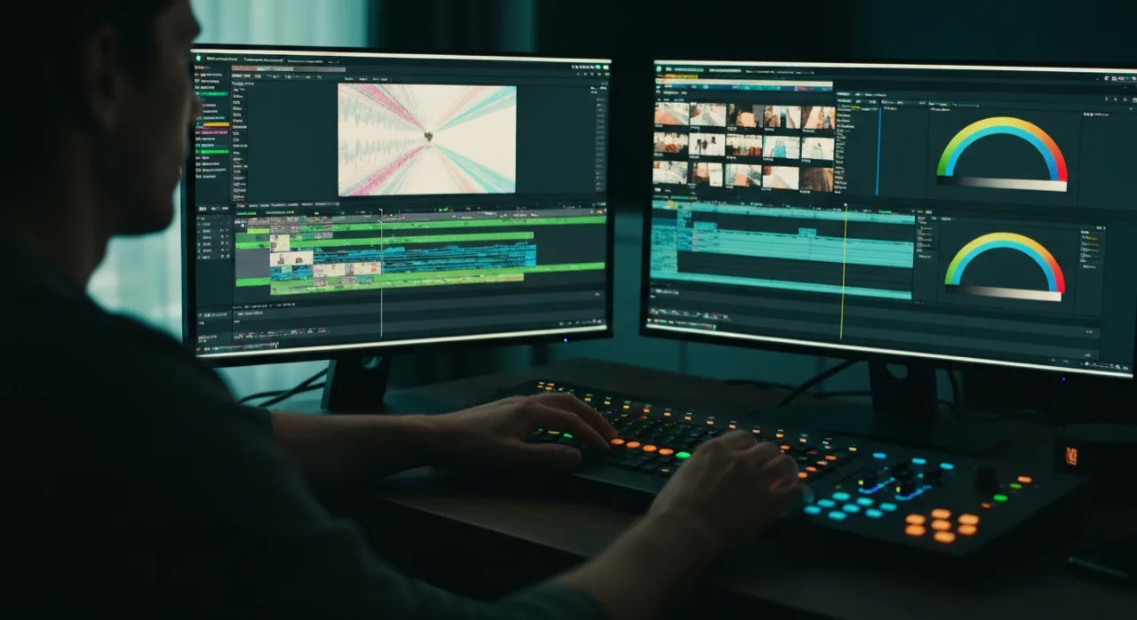 Un monteur assemble des plans vidéo sur une timeline dans un logiciel de montage, écran lumineux dans une pièce sombre
