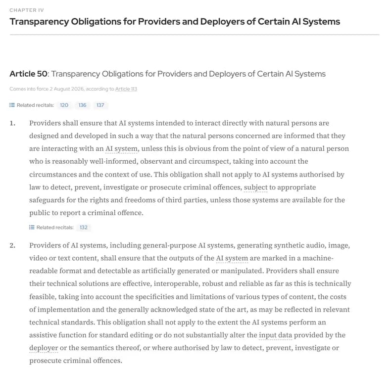 Texte de l'article 50 du règlement européen sur l'intelligence artificielle, avec la mention de son entrée en application le 2 août 2026 et le paragraphe 2 imposant aux fournisseurs de marquer les sorties synthétiques dans un format lisible par machine
