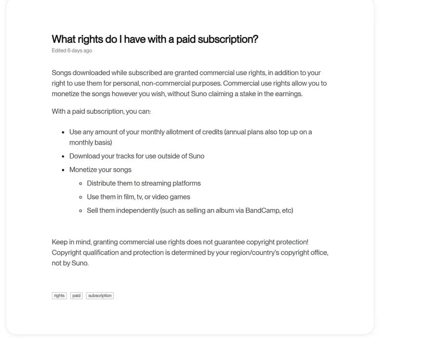 Page d'aide de Suno intitulée What rights do I have with a paid subscription, listant les usages autorisés puis précisant que l'octroi de droits d'usage commercial ne garantit pas une protection par le droit d'auteur
