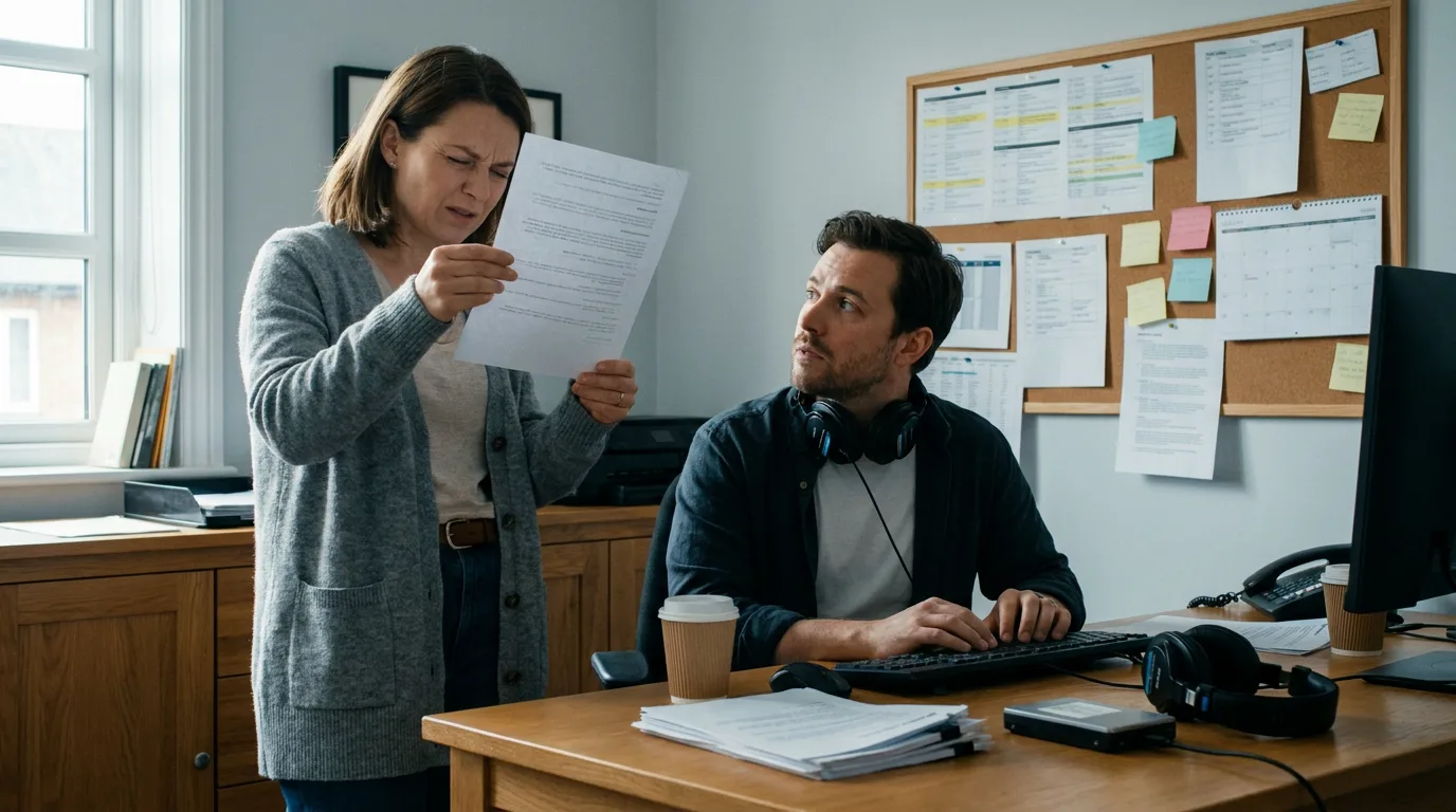 Une femme debout dans un bureau de production lit un contrat imprimé à la lumière de la fenêtre pendant qu'un monteur assis, casque autour du cou, lève les yeux vers la page