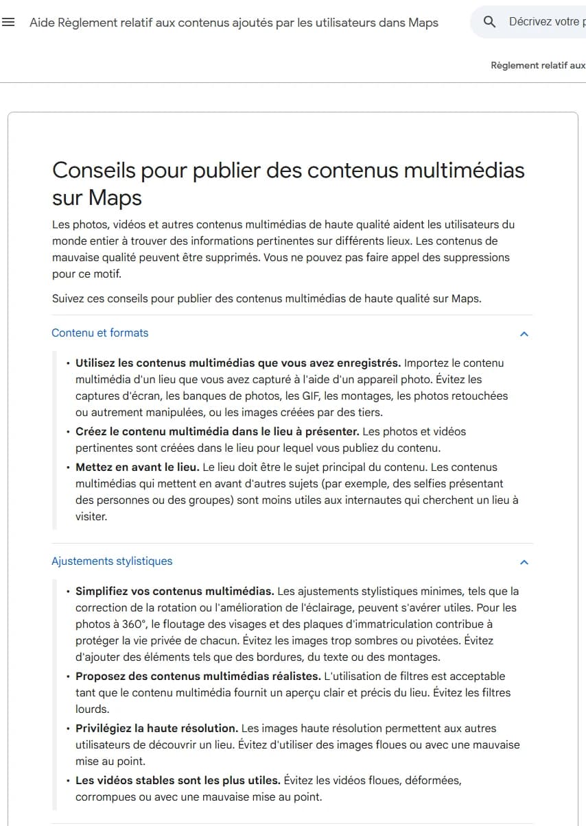 Page d'aide de Google détaillant les conseils de publication des contenus multimédias sur Maps, avec les sections Contenu et formats et Ajustements stylistiques dépliées