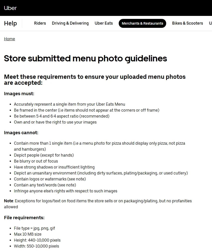 Page d'aide Uber listant les règles des photos de menu soumises par les restaurants, avec les rubriques Images must, Images cannot et File requirements