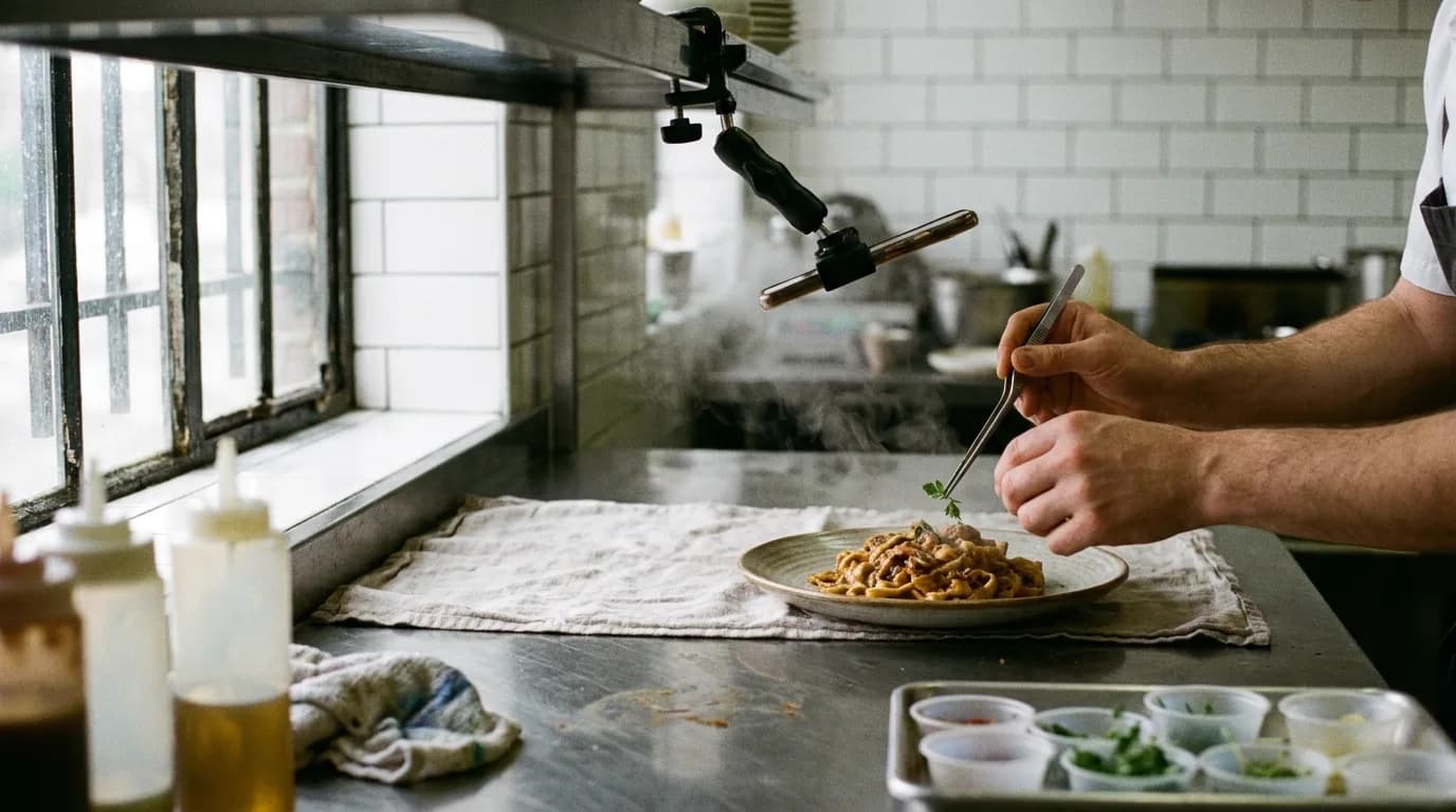 Passe en inox d'une cuisine de restaurant en fin de service, assiette dressée posée sur un torchon sous un smartphone monté sur bras articulé, mains du cuisinier posant une herbe à la pince