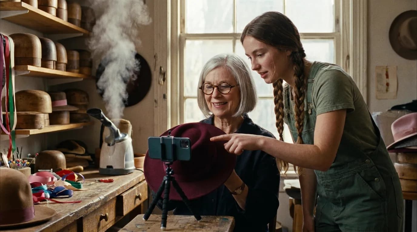 Dans un petit atelier de modiste, une femme aux cheveux argentés tient un chapeau en feutre bordeaux devant un téléphone sur mini trépied, sa petite-fille lui montre le cadrage à l'écran
