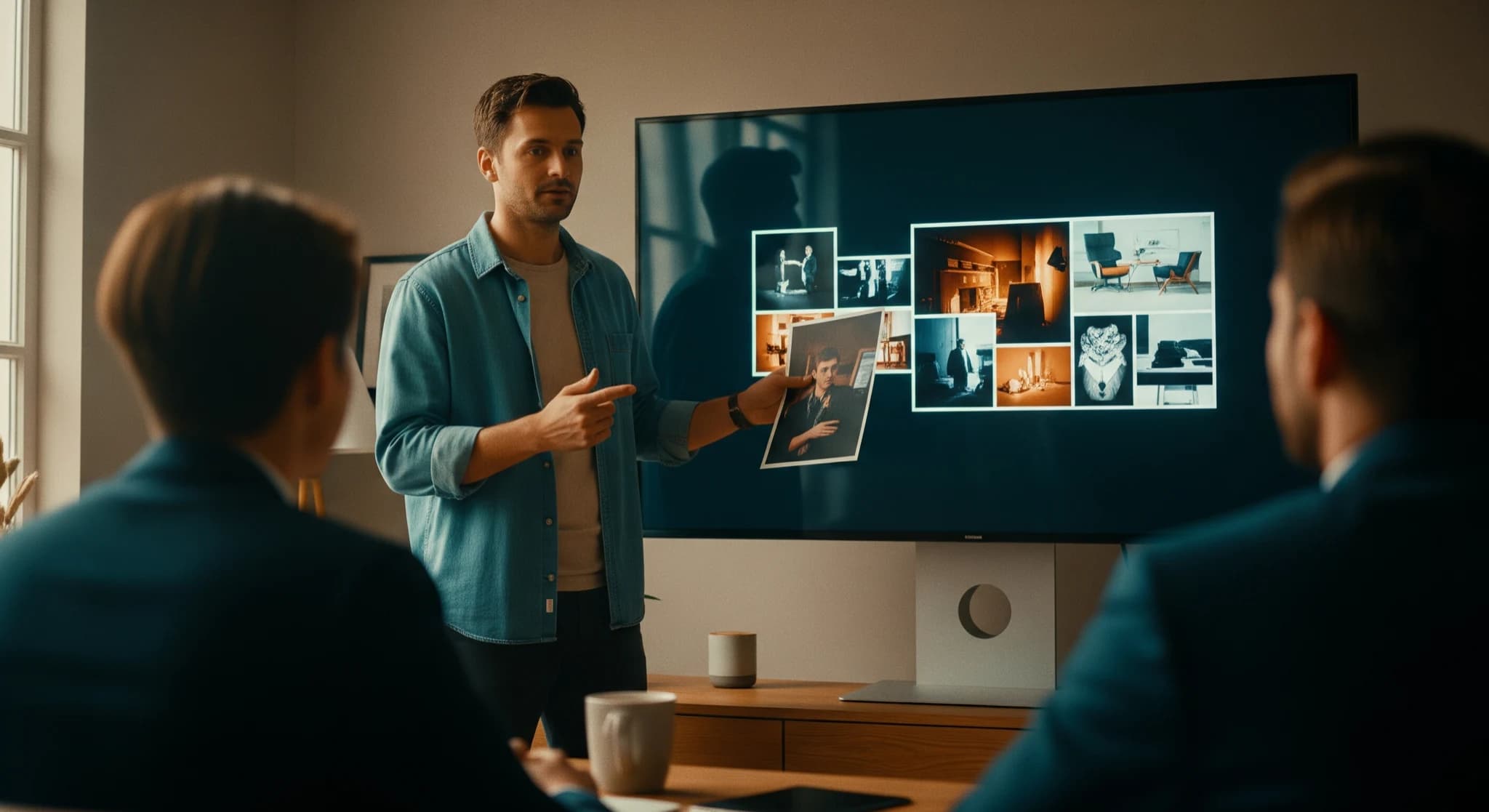 Portfolio de créations IA présenté sur un grand écran dans un studio, ambiance professionnelle et cinématique qui inspire confiance