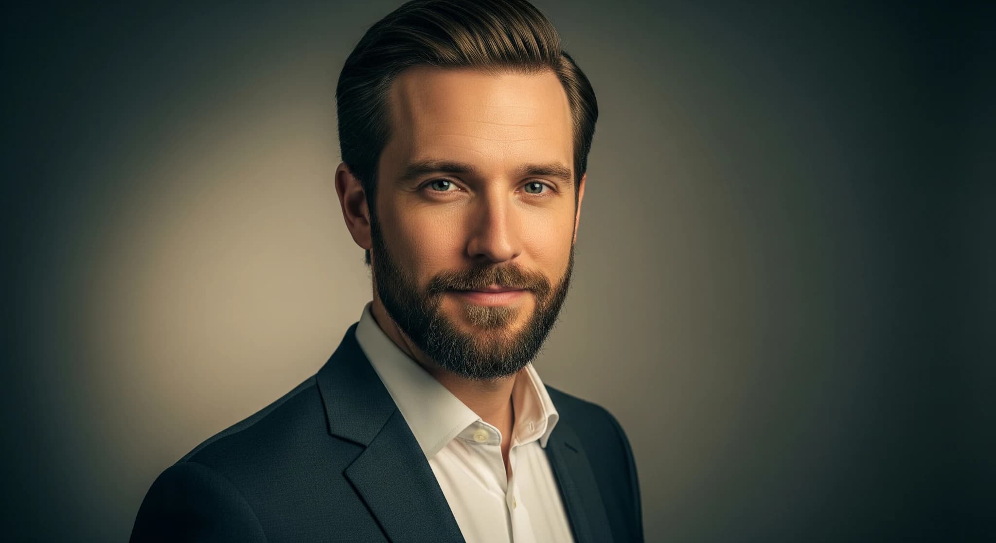 Portrait IA professionnel pour photo de profil LinkedIn, portrait à la lumière de studio flatteuse, net et inspirant confiance, arrière-plan neutre élégant