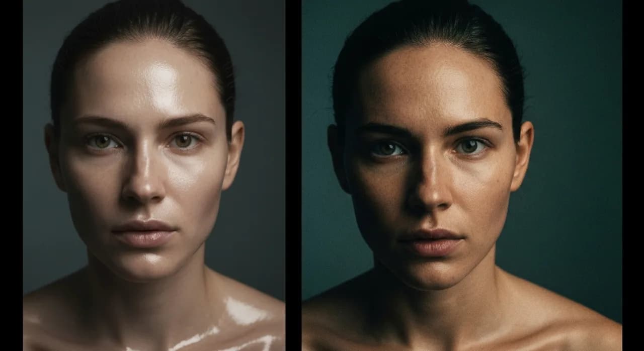 Comparaison côte à côte de deux plans vidéo, l'un au rendu plastique et lisse, l'autre crédible avec grain et lumière naturelle