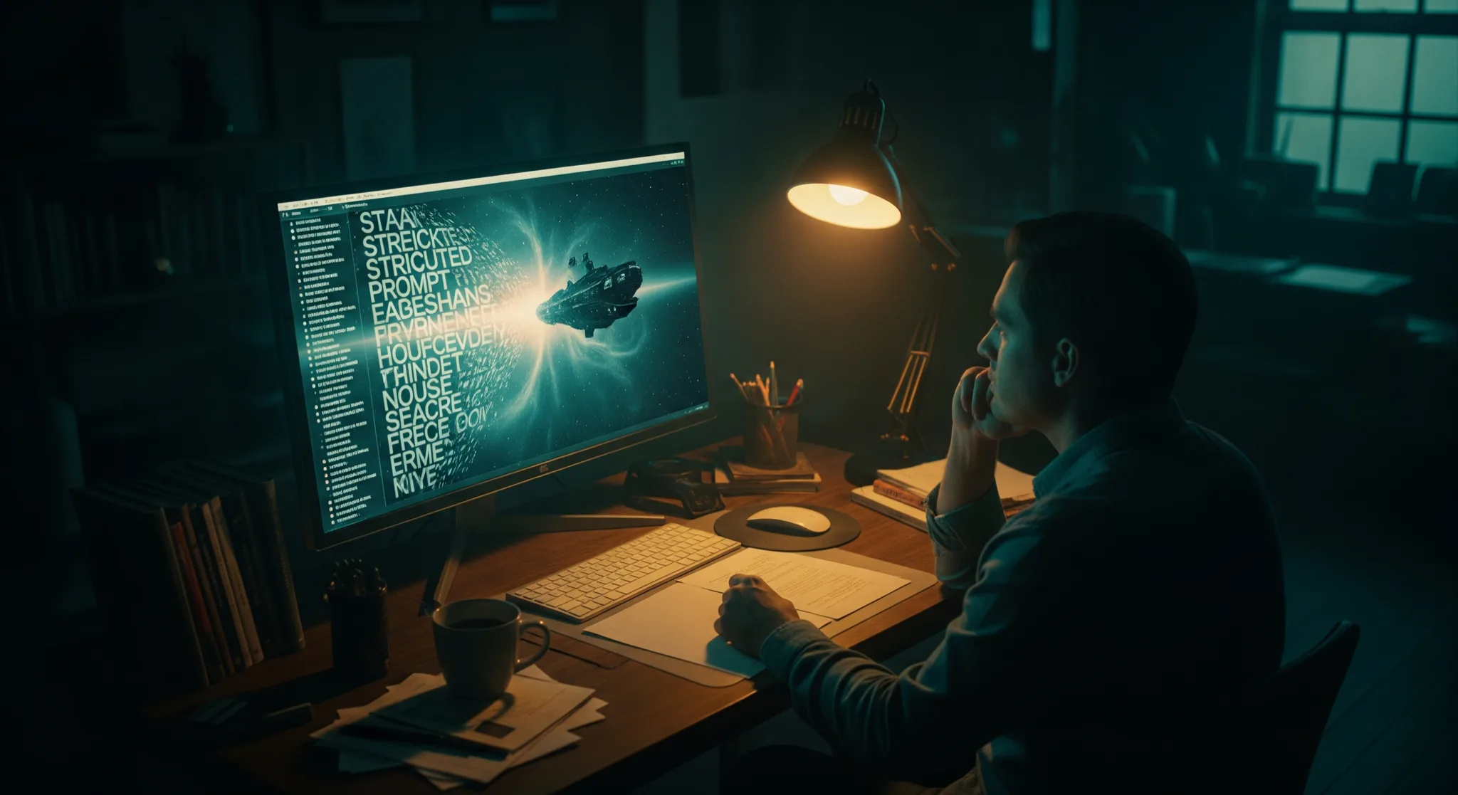 Prompt IA le guide complet, un créateur écrivant un prompt structuré sur un écran dont les mots se transforment en image cinématique, studio sombre, lumière chaude