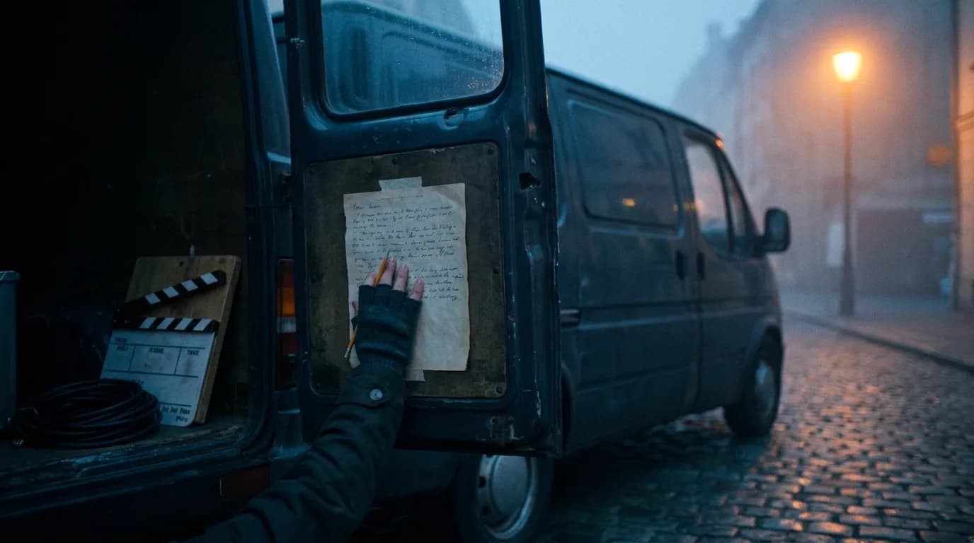 Une feuille de plans annotée à la main scotchée sur la porte arrière d'un van de tournage, avec un clap et un câble à l'intérieur, dans une rue pavée au petit matin