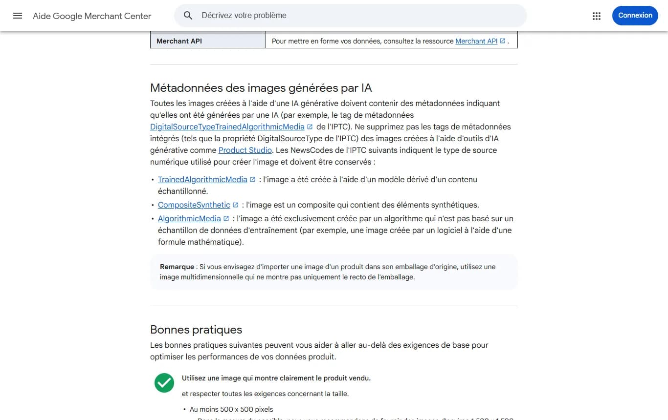 Page d'aide Google Merchant Center en français, section Métadonnées des images générées par IA, qui liste les valeurs IPTC TrainedAlgorithmicMedia, CompositeSynthetic et AlgorithmicMedia