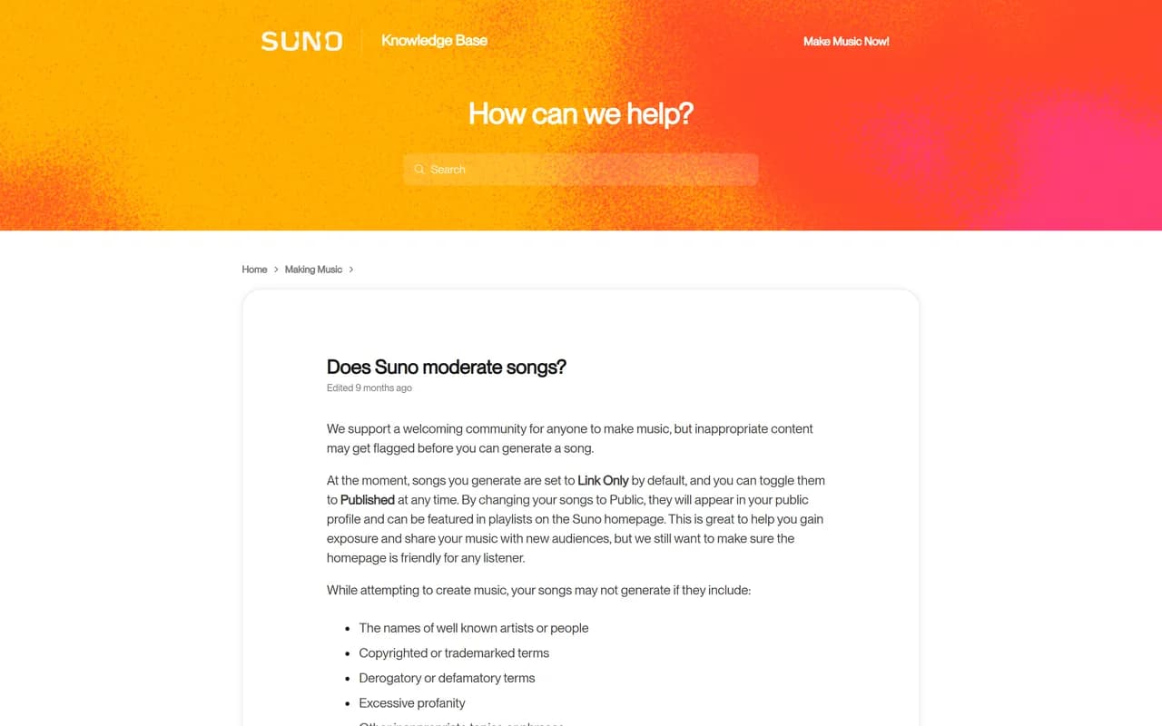 Page d'aide de Suno intitulée Does Suno moderate songs, avec la liste des contenus qui peuvent empêcher une génération, dont les noms d'artistes ou de personnes connus