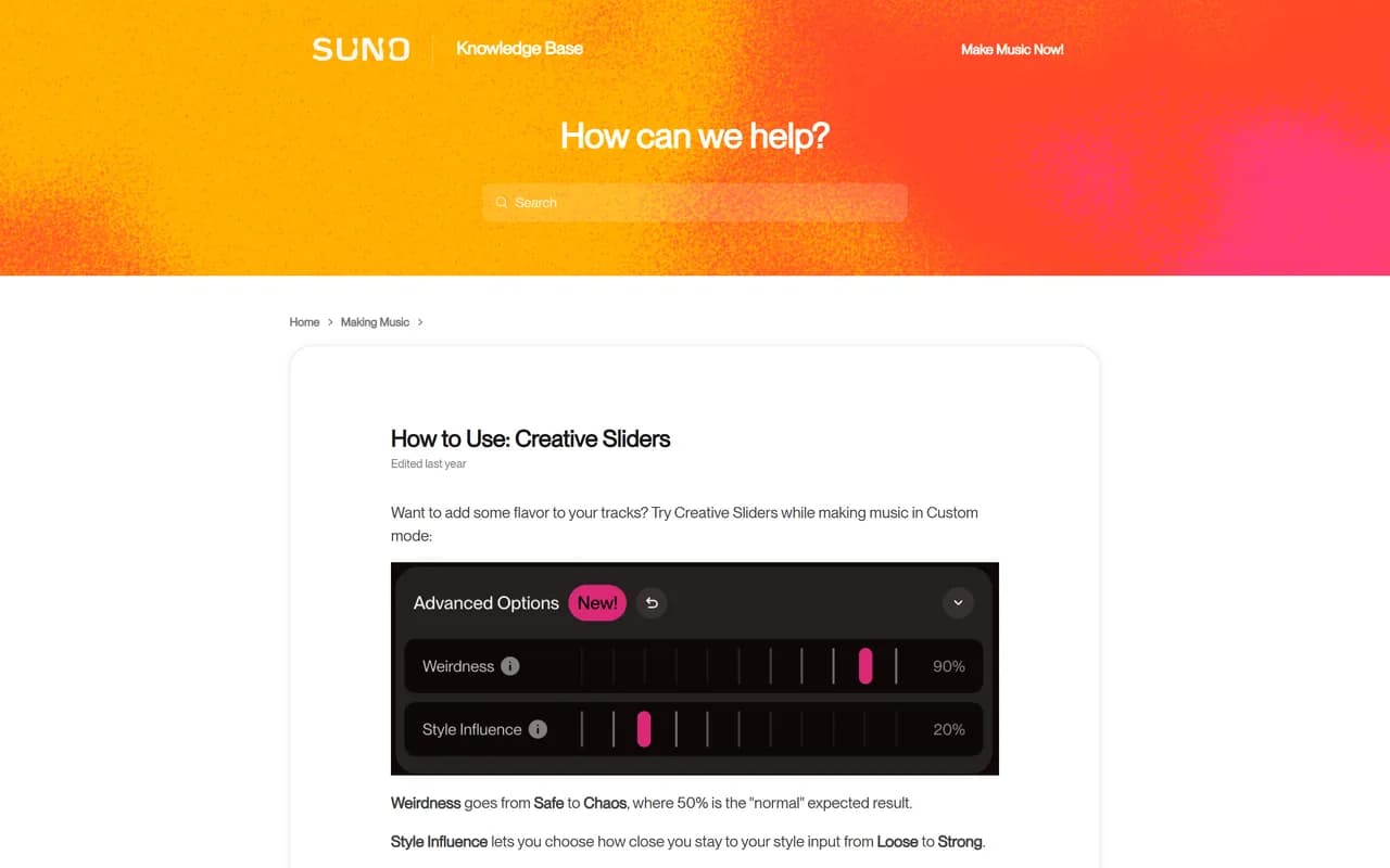 Page d'aide de Suno sur les Creative Sliders, avec une capture des options avancées montrant Weirdness à 90 % et Style Influence à 20 %