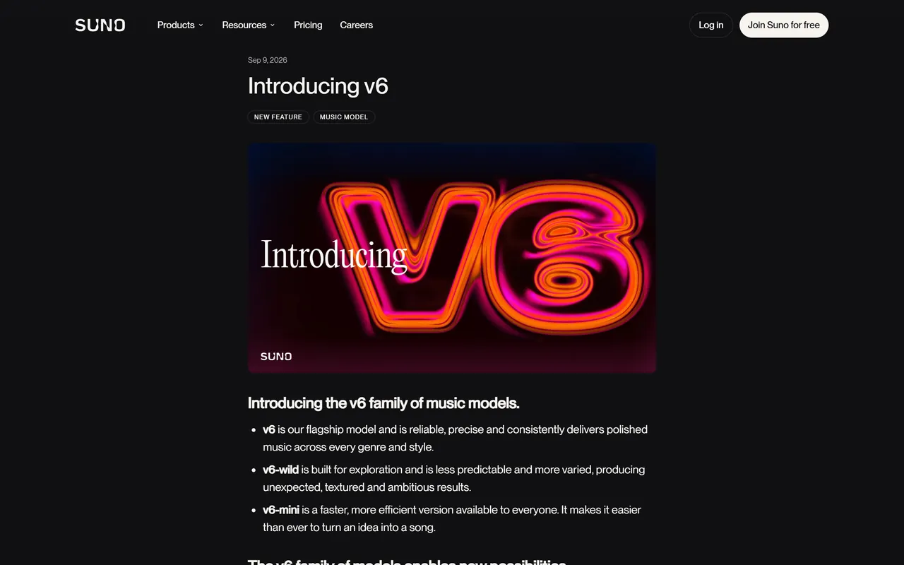Page officielle des notes de version de Suno datée du 9 septembre 2026, titrée Introducing v6, qui présente les modèles v6, v6-wild et v6-mini
