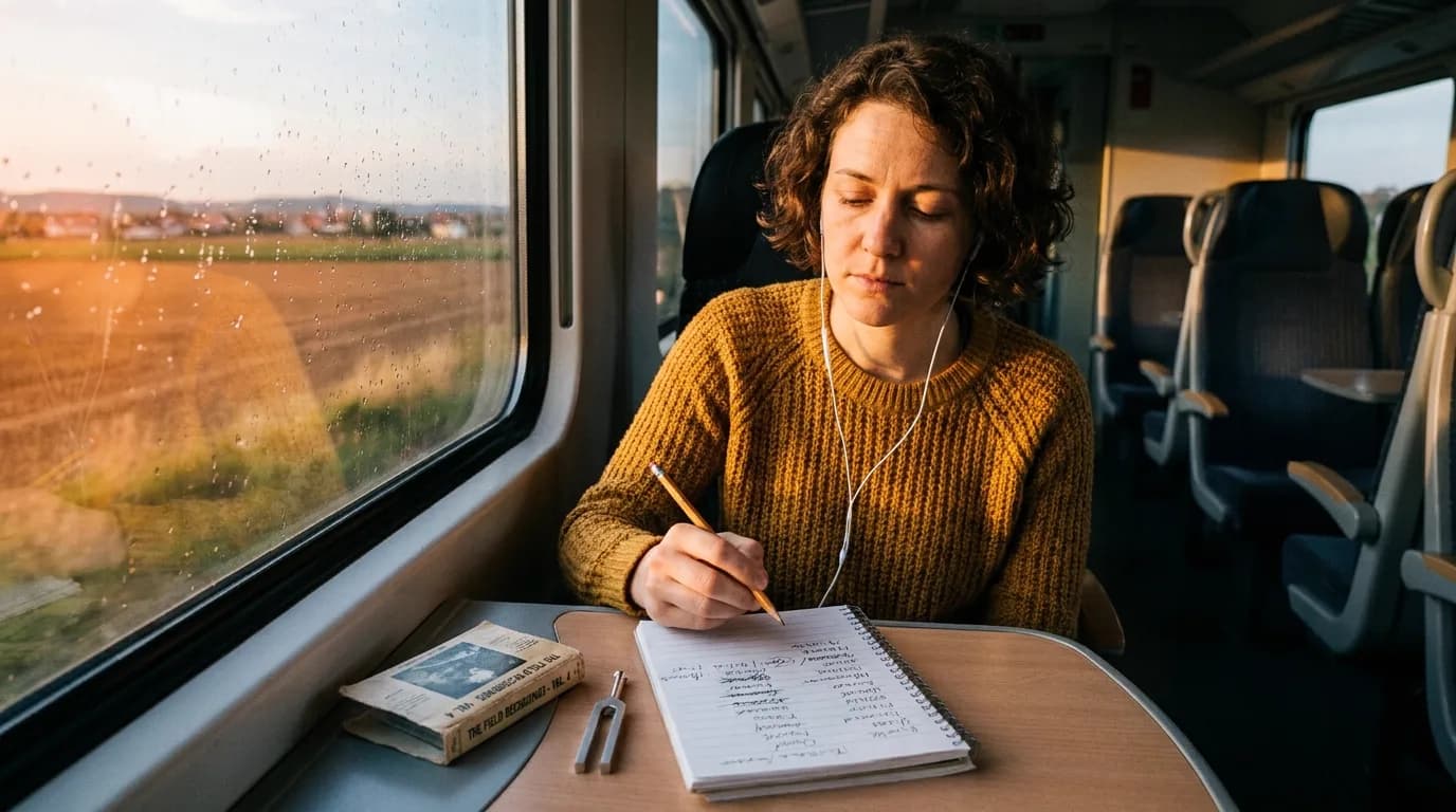 Une femme aux cheveux bouclés écoute avec des écouteurs filaires dans un train au coucher du soleil et note des listes de mots raturées dans un carnet, un diapason posé à côté