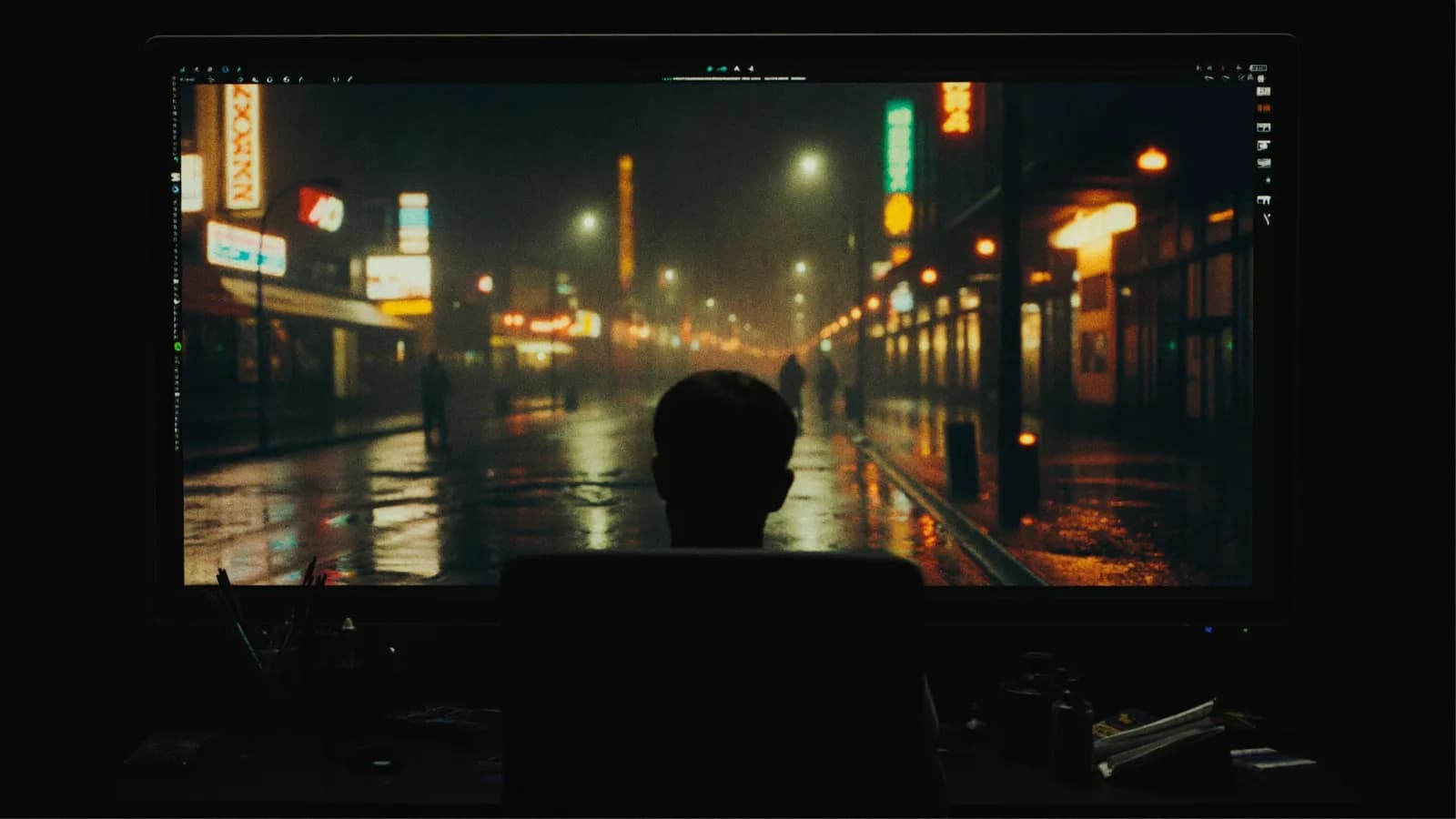 Créateur devant un moniteur affichant une frame cinématique générée par IA dans un studio sombre