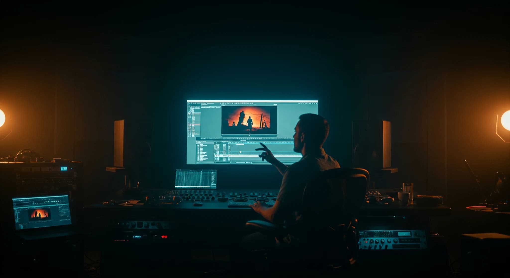 Runway, guide complet de la vidéo IA, suite de montage avec un créateur dirigeant une vidéo IA, grand écran affichant un plan de film, studio sombre pro