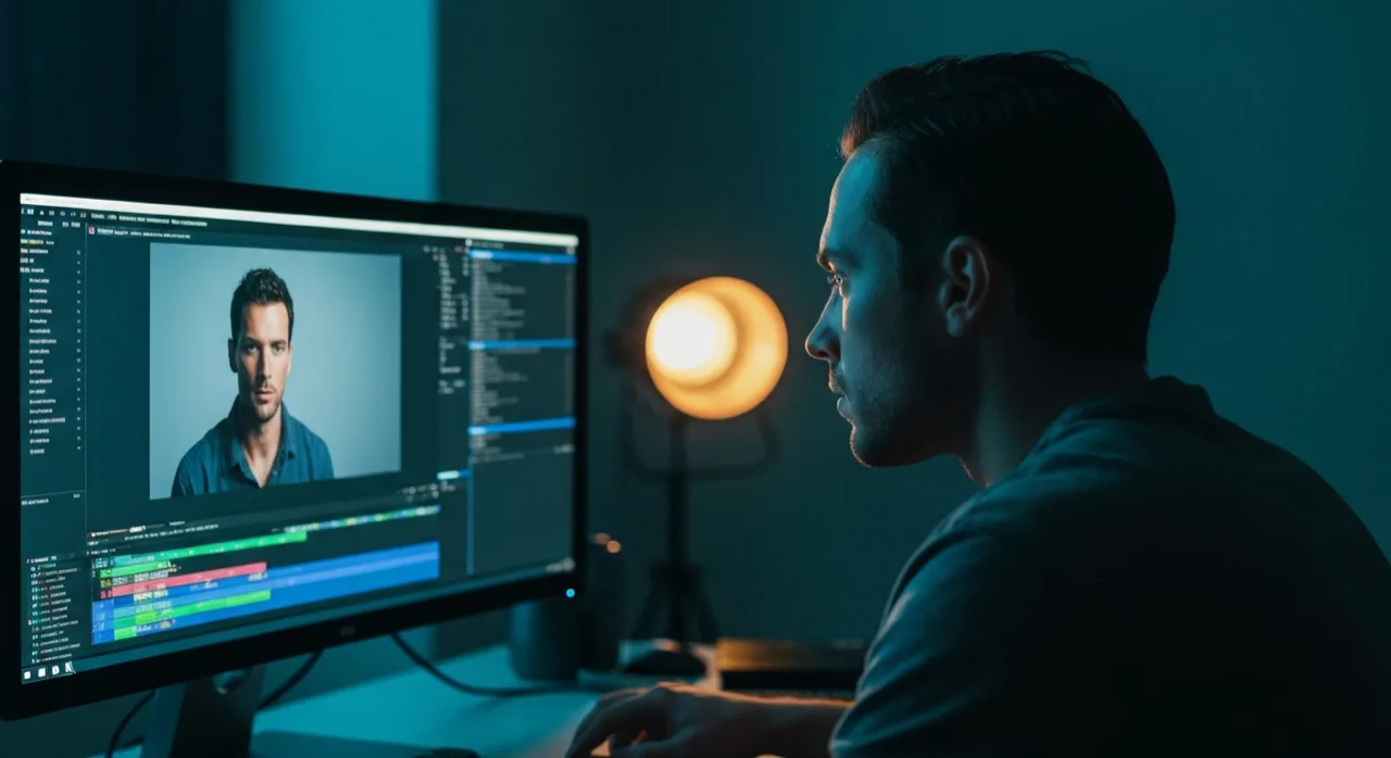 Un monteur travaille une séquence vidéo sur un écran dans un studio sombre, timeline visible, lumière bleutée cinématique