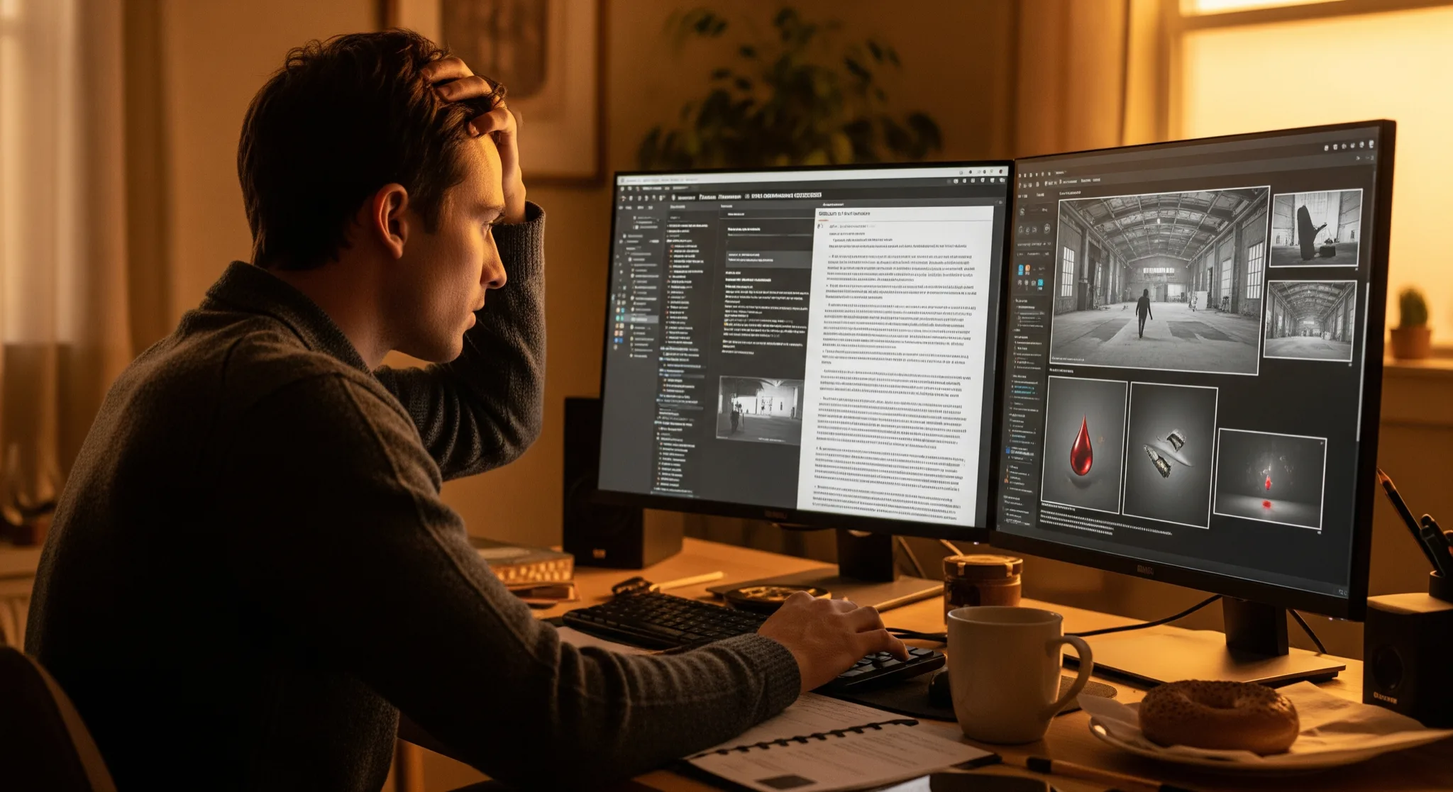 ScreenWeaver, un scénariste à son bureau dont le scénario à l'écran se transforme en cases de storyboard, studio créatif, lumière chaude cinématique