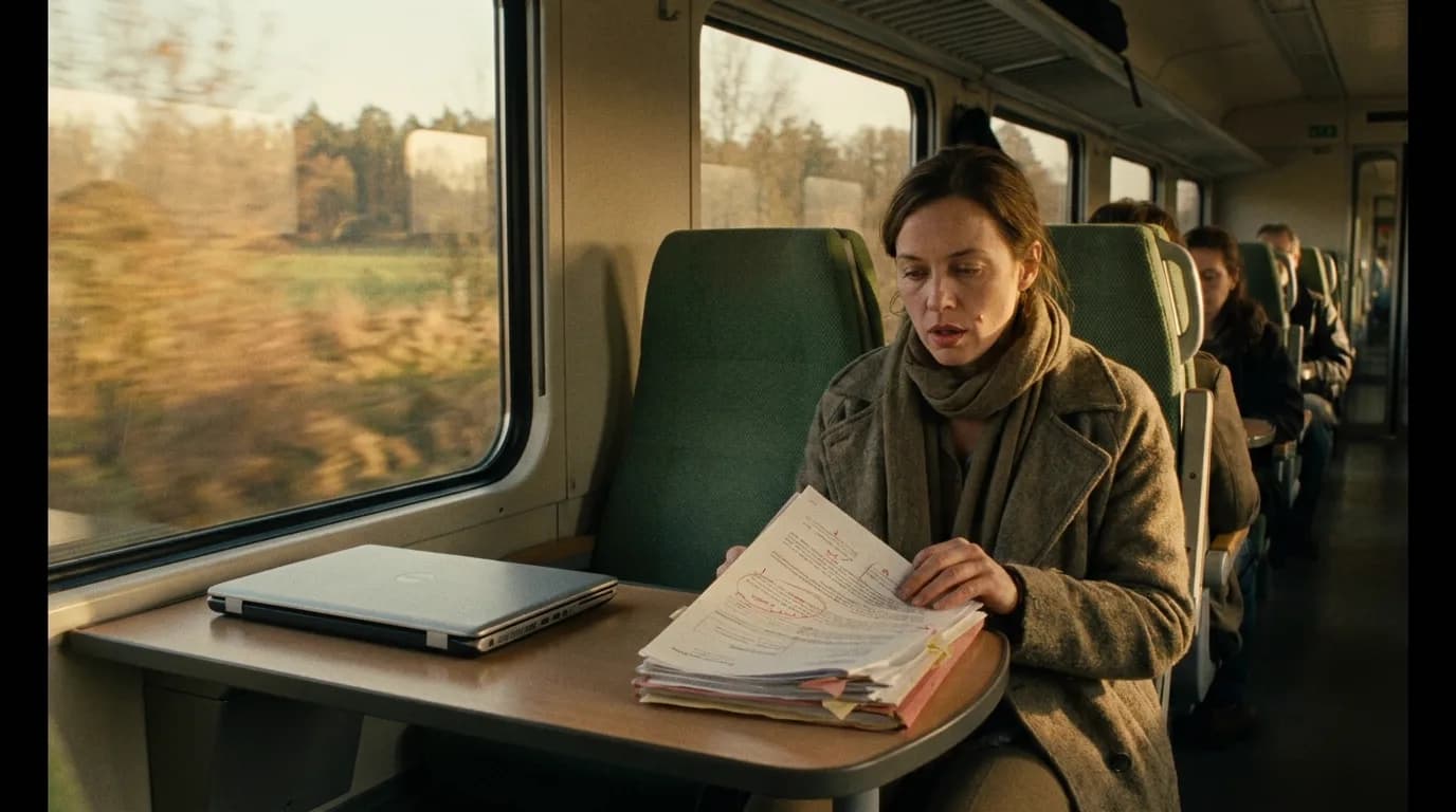 Script vidéo imprimé annoté au stylo rouge sur la tablette d'un siège de train, ordinateur portable fermé à côté, lumière de fin d'après-midi