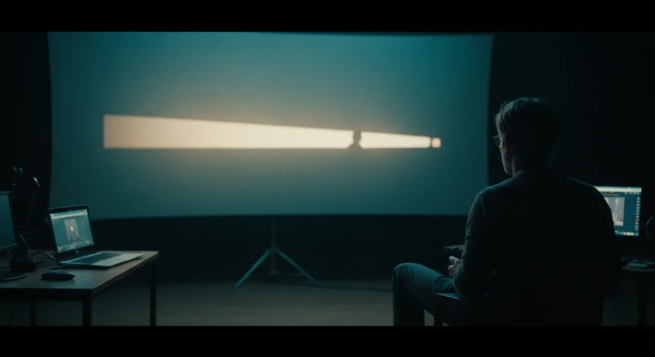 Un réalisateur observe un long plan vidéo qui se déroule sur un grand écran dans un studio sombre, ambiance de production cinéma