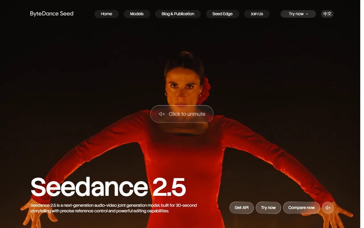 Page officielle Seedance 2.5 sur le site ByteDance Seed : une danseuse de flamenco en robe rouge, bras ouverts sur fond sombre, avec le titre Seedance 2.5, la mention d'un modèle de génération audio-vidéo conçu pour raconter en 30 secondes, et les boutons Get API, Try now et Compare now