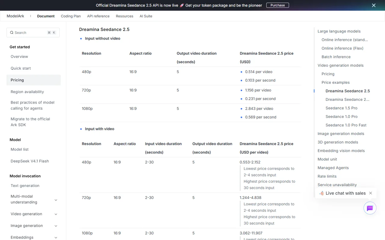 Page Pricing de BytePlus ModelArk, exemples de prix Dreamina Seedance 2.5 : sans vidéo en entrée, 0,514 $ par vidéo soit 0,103 $ par seconde en 480p, 1,156 $ soit 0,231 $ par seconde en 720p, 2,843 $ soit 0,569 $ par seconde en 1080p, puis les fourchettes de prix avec vidéo en entrée de 2 à 30 secondes
