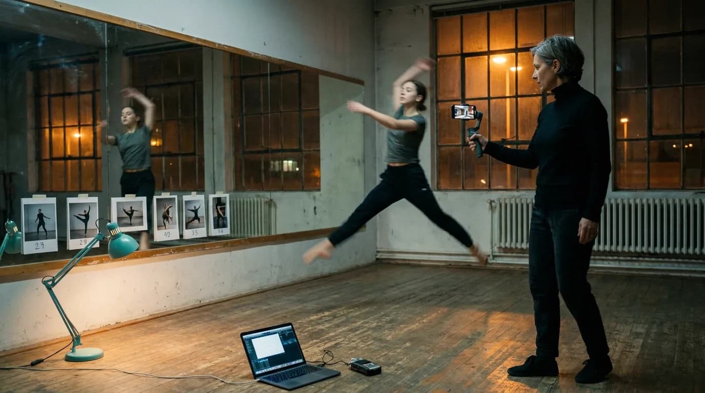 Dans un studio de danse en fin de soirée, une chorégraphe filme au smartphone sur stabilisateur une jeune danseuse en plein mouvement, pendant que des tirages photo numérotés sont scotchés sur le grand miroir du fond et qu'un ordinateur portable ouvert est posé sur le parquet