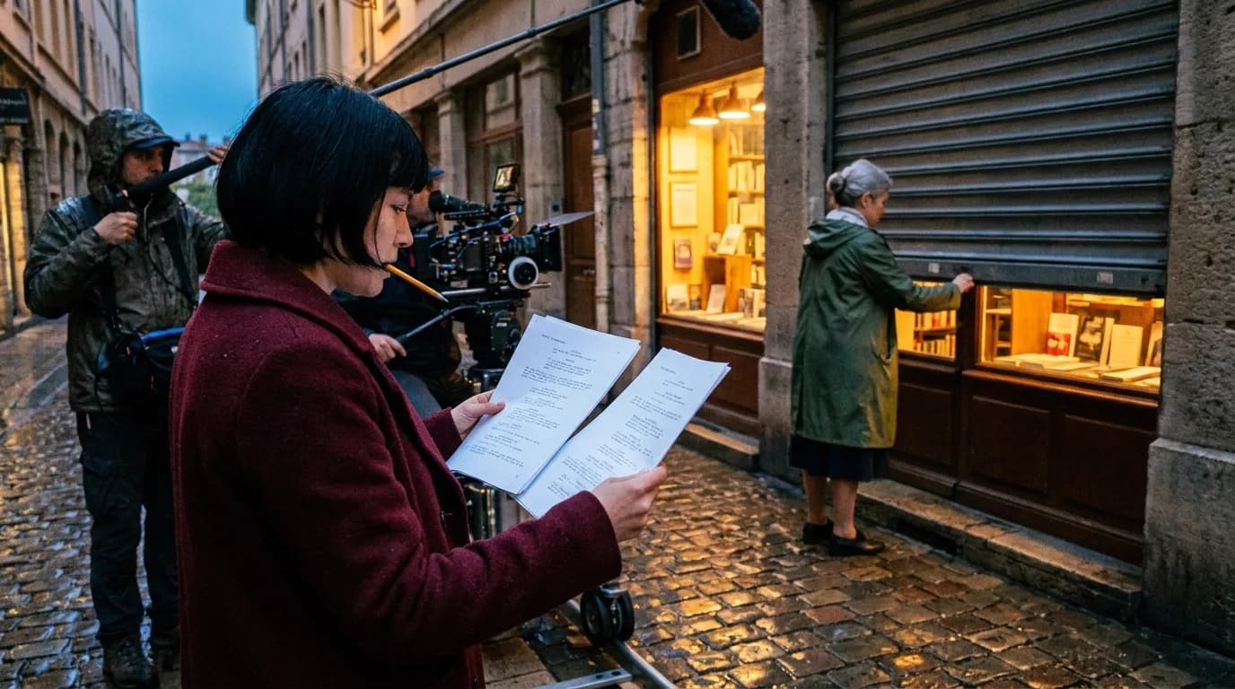 Tournage à la tombée du soir dans une ruelle pavée et mouillée du vieux Lyon : une scripte en manteau bordeaux compare deux pages de scénario annotées, tandis qu'une libraire en ciré vert baisse le rideau de fer de sa boutique éclairée