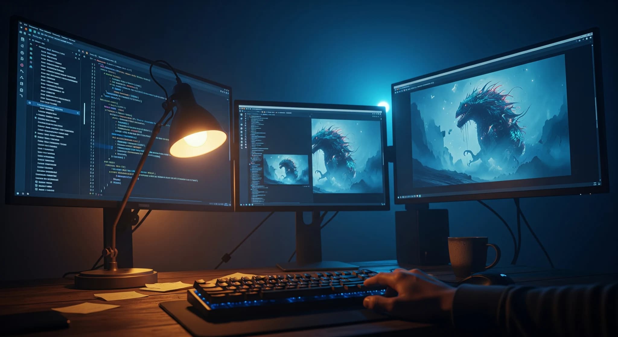 Stable Diffusion pour débutants, poste créatif faisant tourner un outil open source d'image IA, code et image côte à côte, lumière bleutée