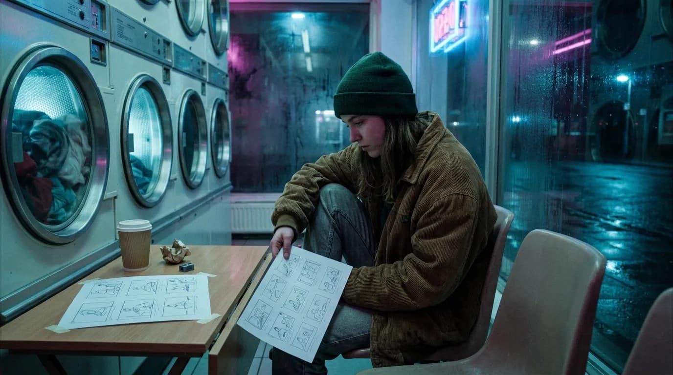 La nuit dans une laverie automatique, une jeune étudiante en bonnet vert et veste en velours côtelé tient une planche de storyboard imprimée de cases numérotées, une deuxième planche scotchée sur la table à côté d'un gobelet de café, les hublots des machines allumés et la rue mouillée derrière la vitrine