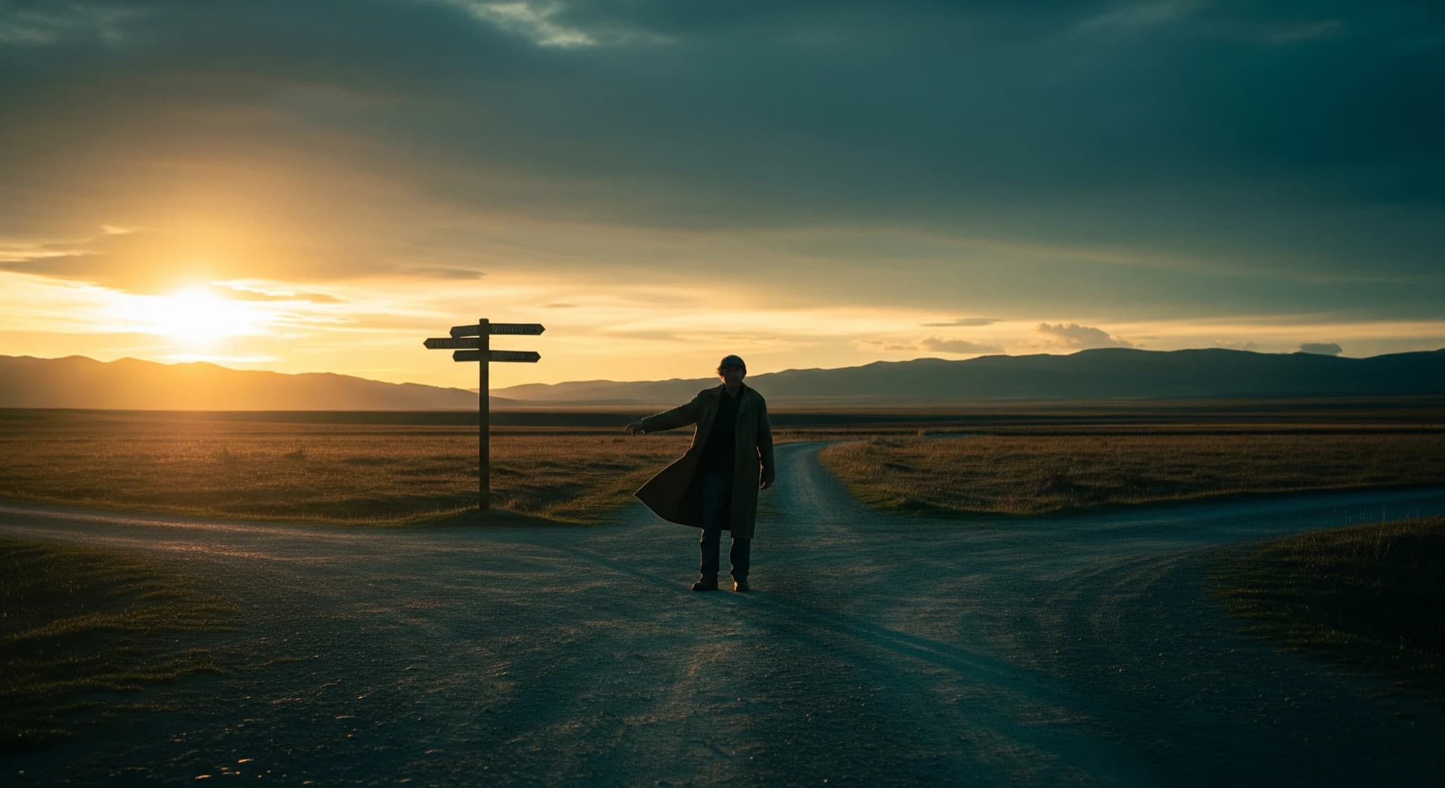 Structure en 3 actes pour une vidéo IA courte, personnage cinématique à un tournant narratif au crépuscule, sens de progression