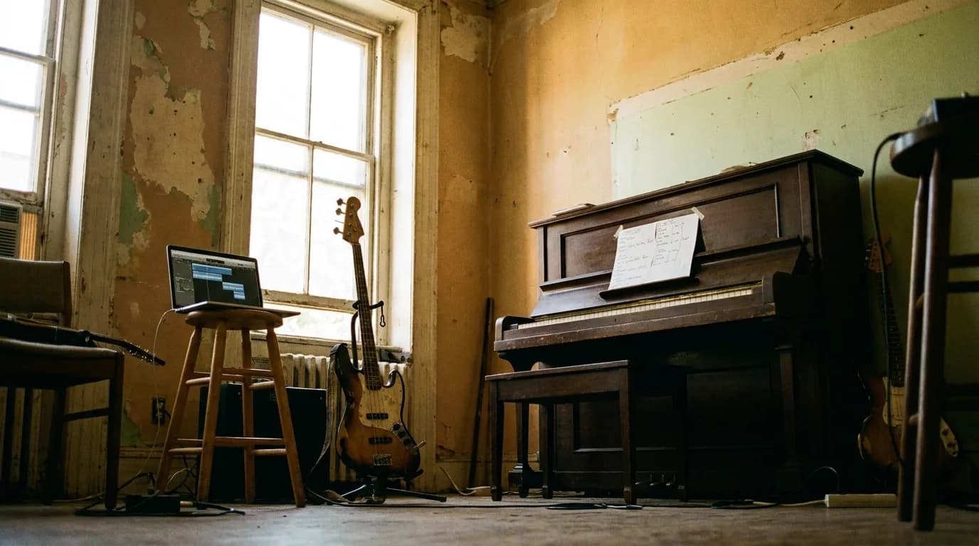 Home studio en fin de session, clavier maître et casque posés devant deux enceintes, feuille de structure du morceau annotée au crayon