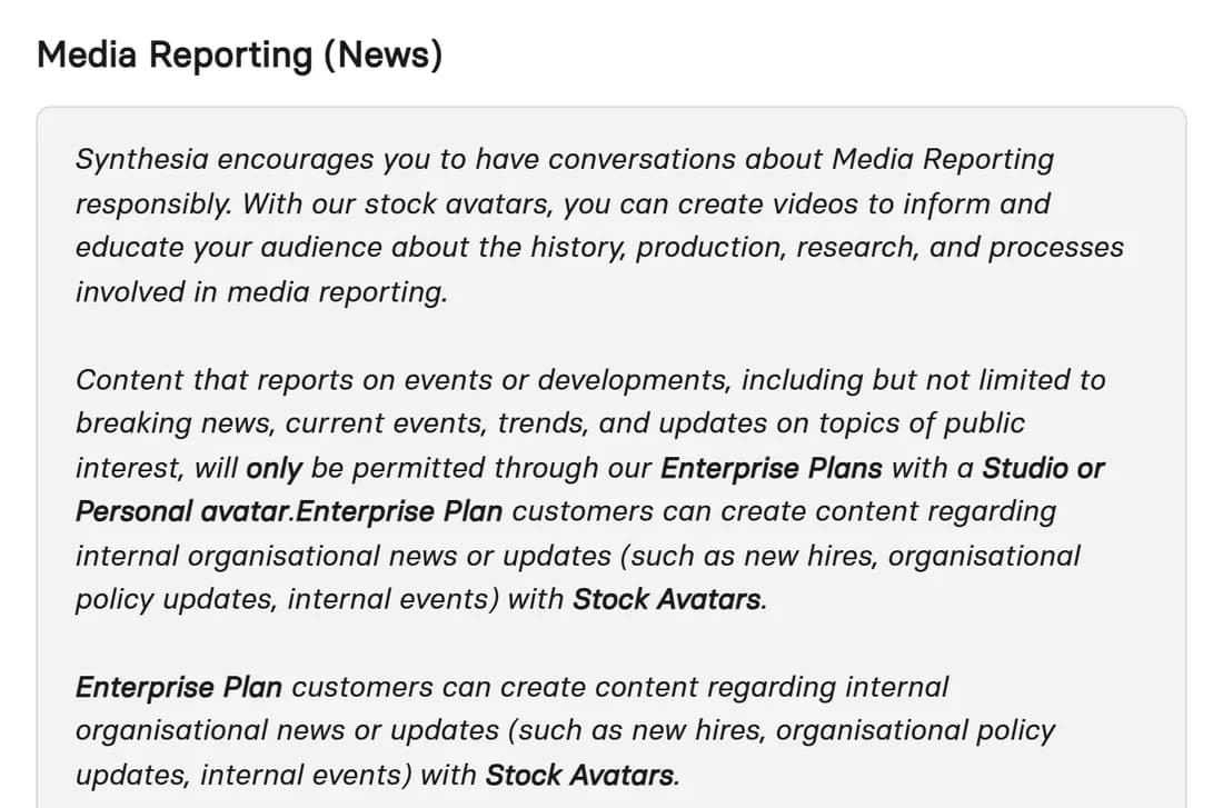 Extrait du centre d'aide Synthesia, section Media Reporting (News), indiquant que le contenu rapportant des événements n'est permis qu'aux offres Enterprise avec un avatar Studio ou Personal