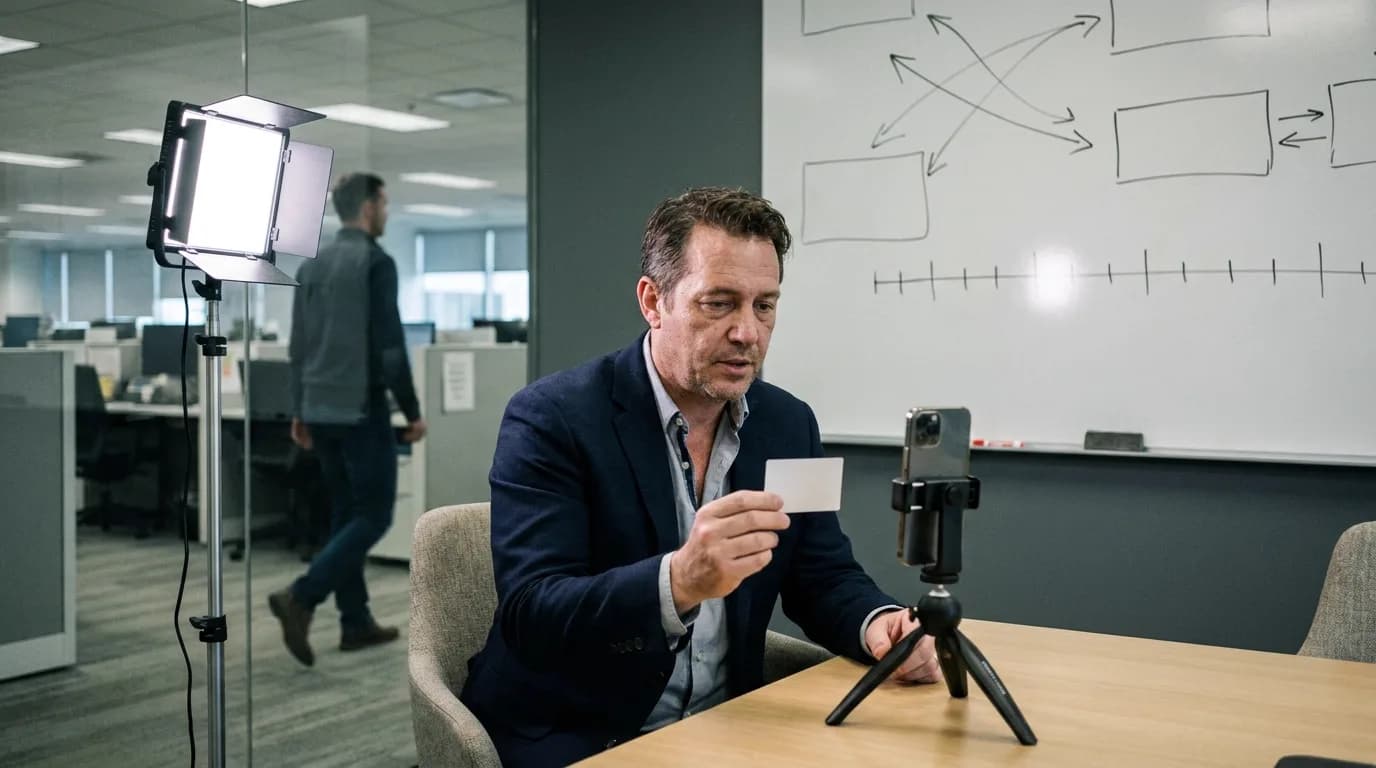Salle de réunion vitrée transformée en cabine d'enregistrement, un homme en blazer marine assis face à un téléphone sur mini trépied lit une carte imprimée, panneau LED sur pied, tableau blanc derrière lui, open space flou à travers la vitre