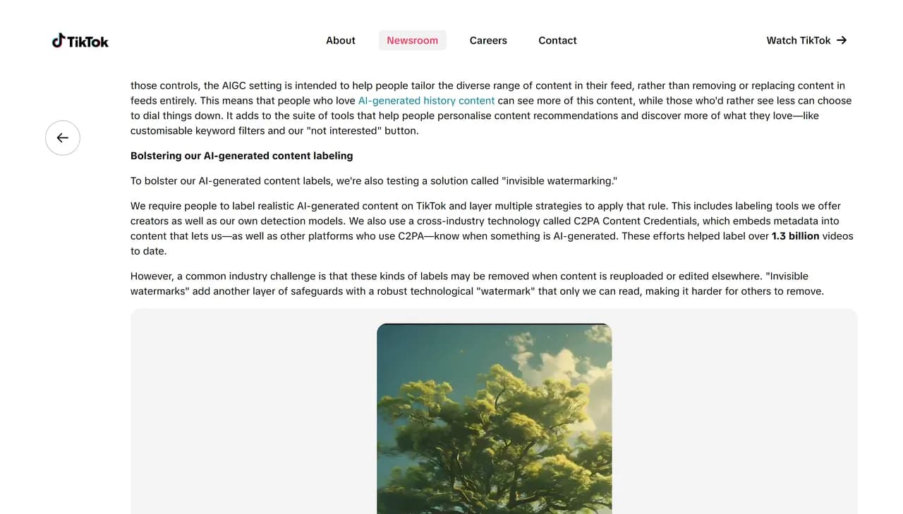Extrait du communiqué TikTok du 19 novembre 2025 décrivant le réglage AIGC dans Gérer les sujets, le test du filigrane invisible, l'usage des Content Credentials C2PA et le chiffre de 1,3 milliard de vidéos labellisées
