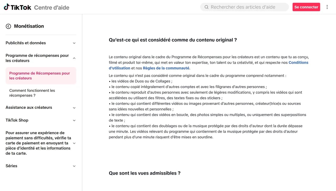 Page d'aide TikTok du Programme de Récompenses pour les créateurs, section Qu'est-ce qui est considéré comme du contenu original, listant les exclusions : duos, contenu copié, légères modifications, vidéos en boucle, photos simples, superpositions de texte seules