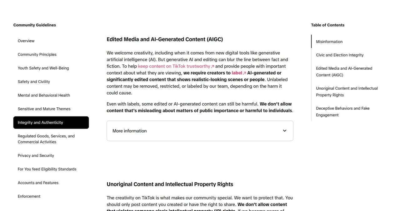 Section Edited Media and AI-Generated Content des règles de la communauté TikTok, indiquant que les créateurs doivent labelliser le contenu IA ou fortement modifié montrant des scènes ou des personnes réalistes, suivie de la section sur le contenu non original