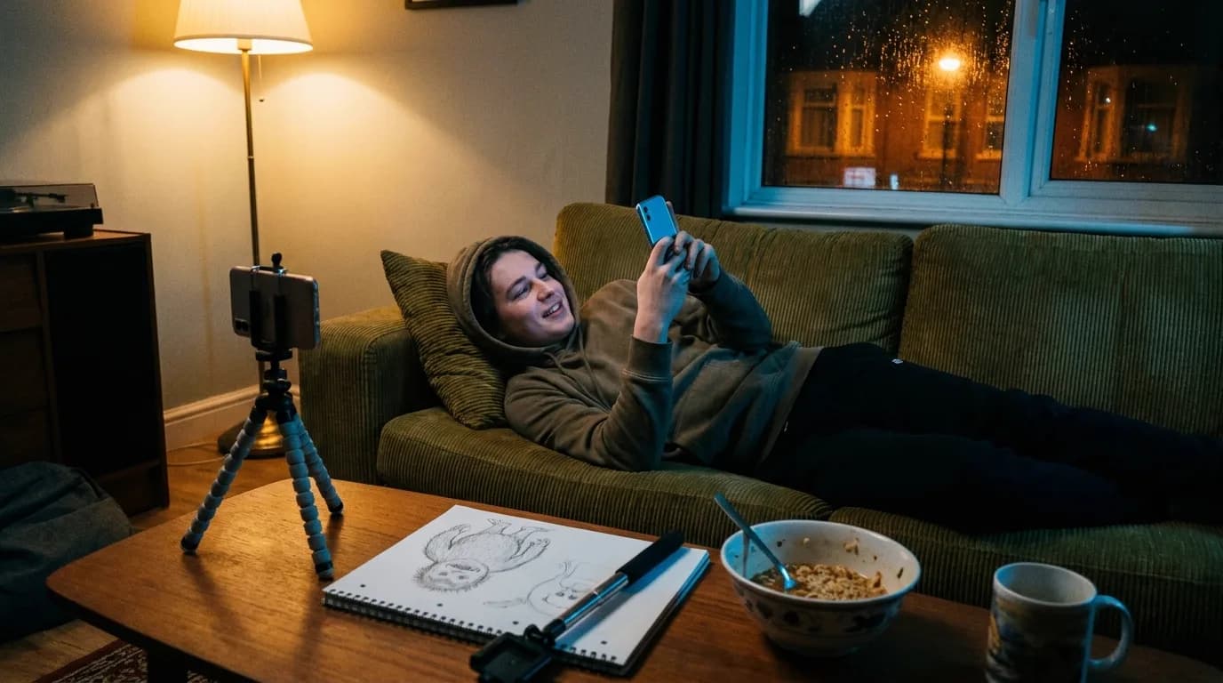 Un jeune créateur allongé sur un canapé en velours côtelé la nuit, téléphone tenu au-dessus du visage, avec sur la table basse un carnet où est croqué un yéti à perche à selfie, un mini trépied de téléphone et un bol de nouilles, fenêtre pluvieuse éclairée par un lampadaire orange