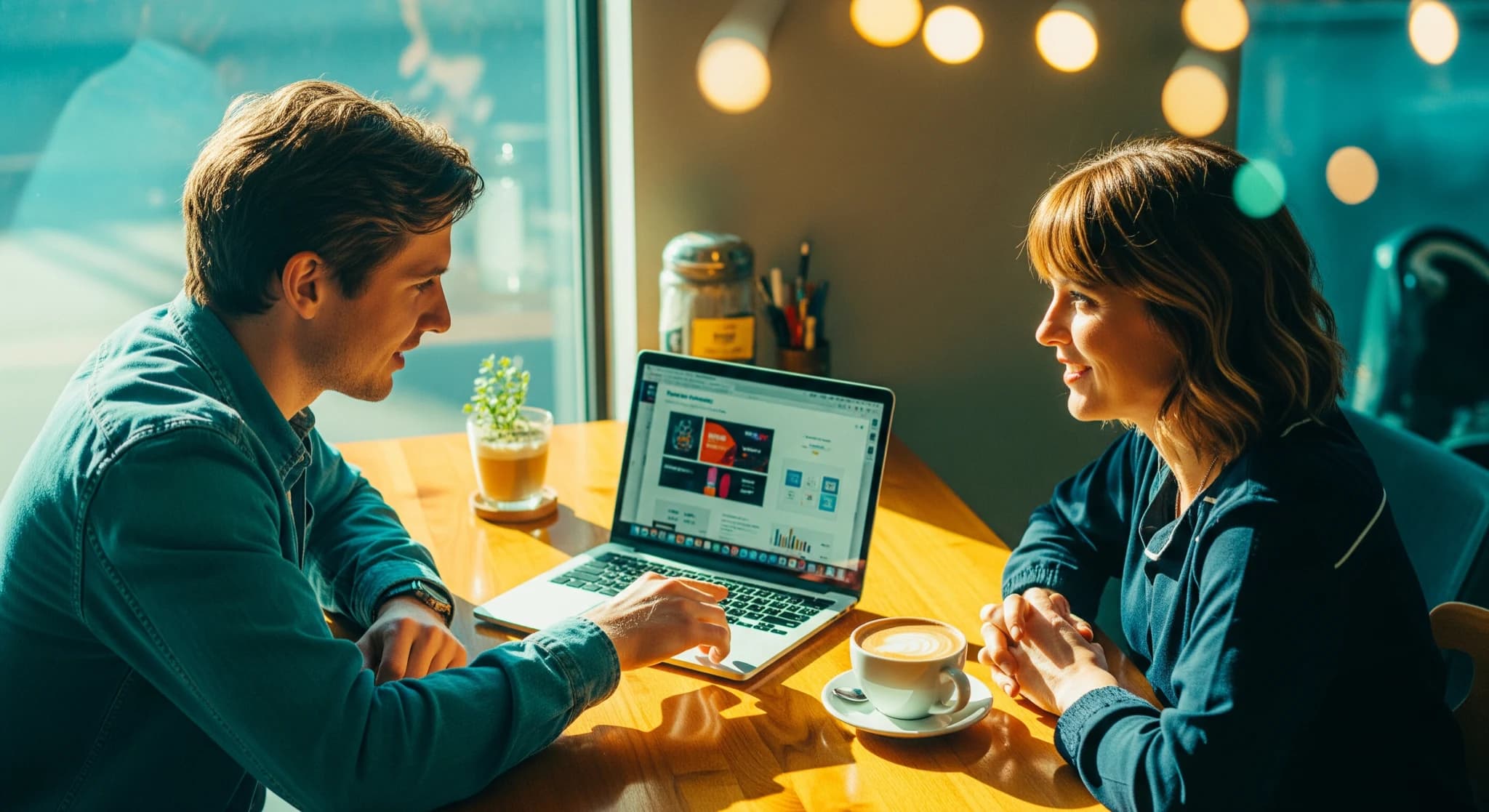 Trouver ses premiers clients en création IA, un créatif rencontrant un premier client autour d'un ordinateur dans un café moderne lumineux, ambiance chaleureuse et collaborative
